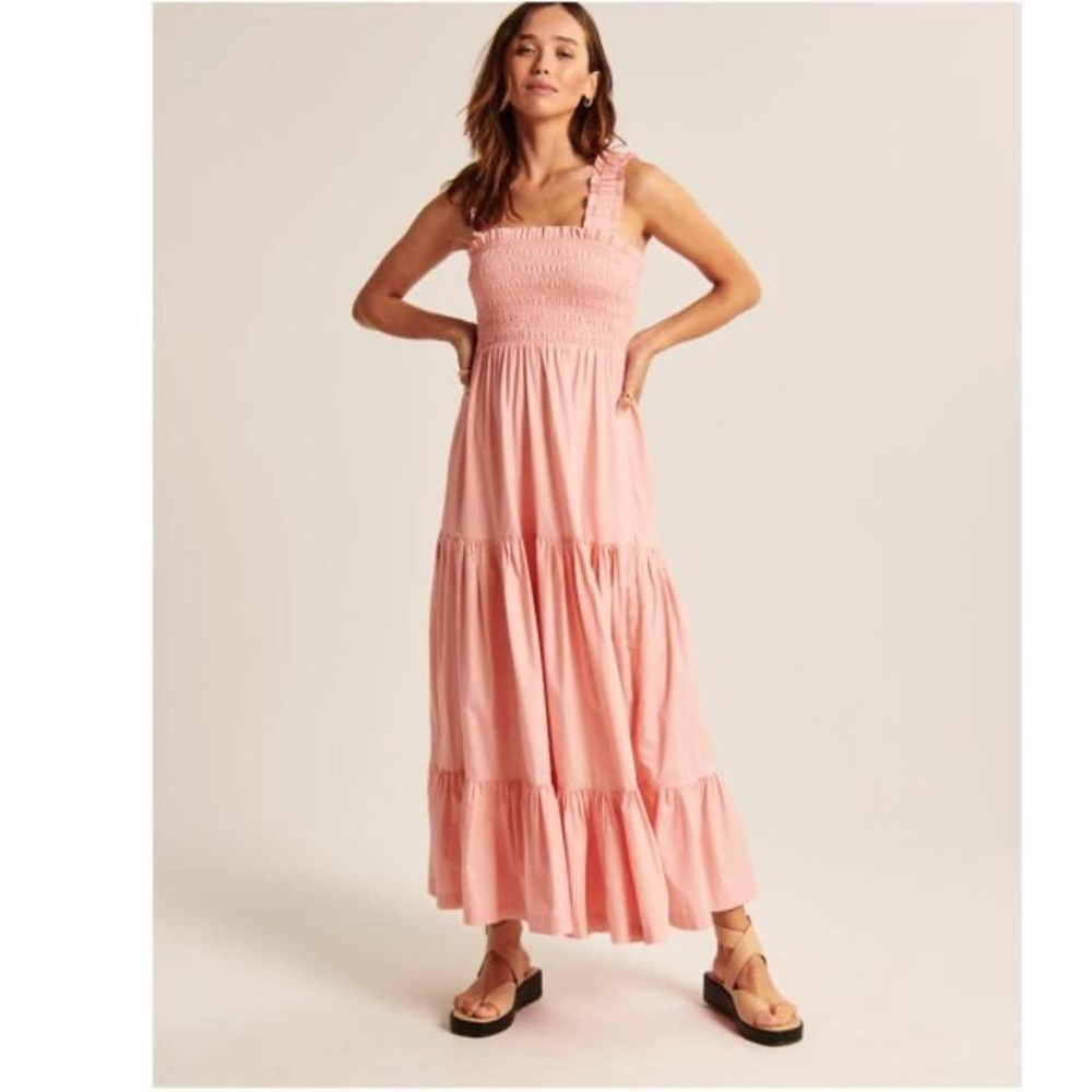 Abercrombie smocked bodice easy maxi dress in coral pink.